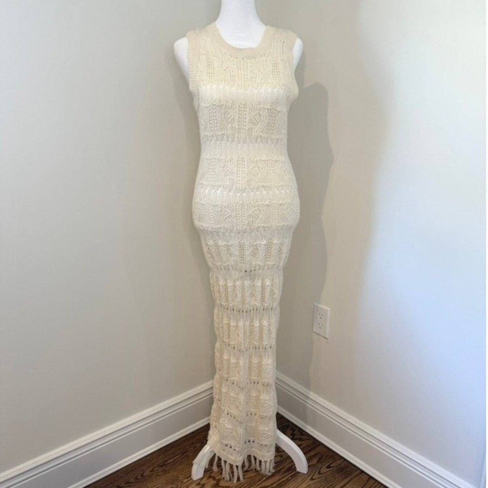Heartloom Denzel Bohemian Body Skimming Dress Maxi Fringe Knit Ivory Size S